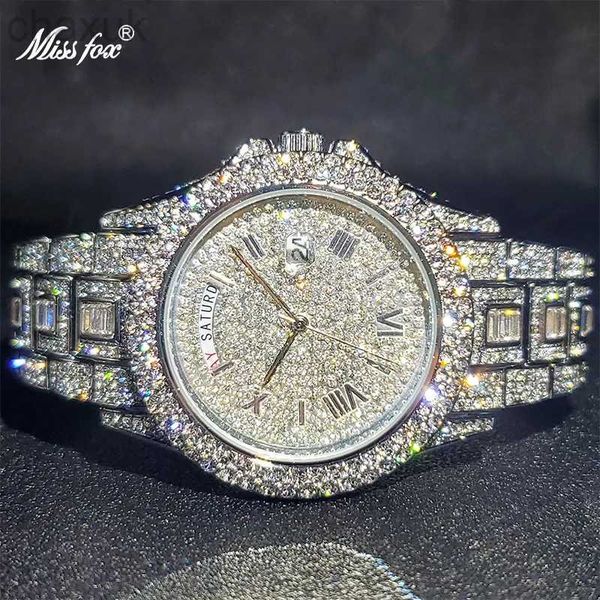 Montre-bracelets Relogio Masculino Luxury Missfox Ice Out Diamond Watch multifonction Date de jour Ajuster Calendrier Quartz Montres pour hommes Drohipping D240417