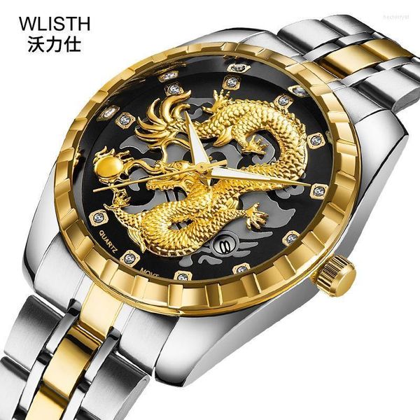 Montres-bracelets Relogio Masculino Wlisth Marque Qualité Quartz-montre Exquise 3D Sculpture Dragon Montre Hommes Horloge Diamant Cadran Lumineux Homme Hect2