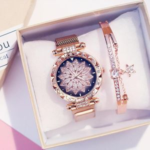 Montres-bracelets Reloj De Mujer mode femmes maille aimant boucle fleur montre luxe dames strass Quartz Bracelet ensemble Relogio