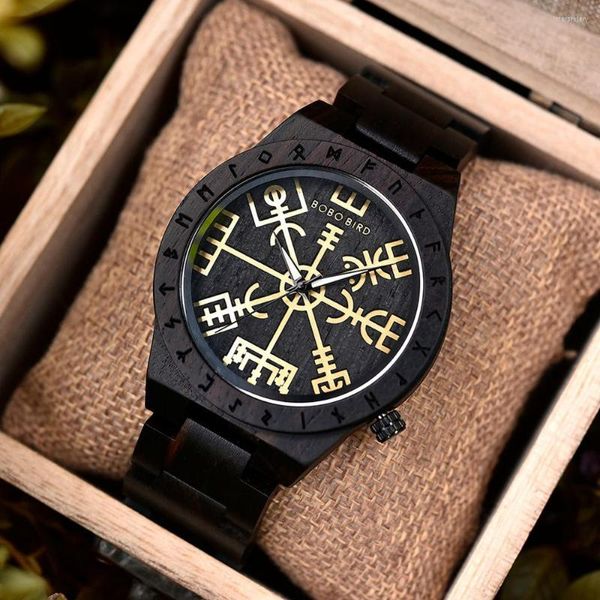 Relojes de pulsera Reloj Hombre BOBO BIRD Reloj de madera para hombres Relojes de círculo rúnico con Golden Helm Of Awe o Vegvisir Reloj de pulsera masculino Drop