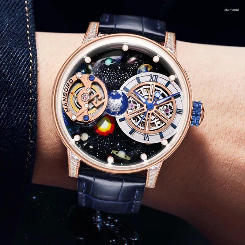 Armbandsur Reloj Hombre Hanboro Mekaniska klockor för män Starry Sky Automatisk handledsklocka 50m vattentät man Montre Homme