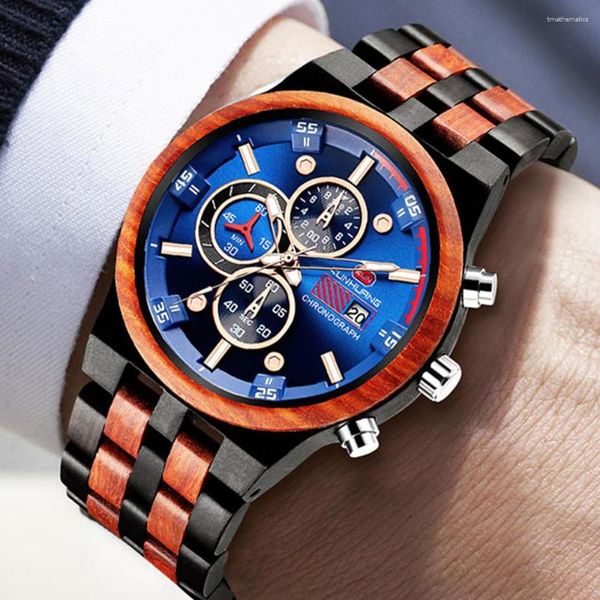 Montres-bracelets Reloj Hombre KUNHUANG montre en bois hommes haut chronographe militaire montres à Quartz pour homme goutte personnalisée