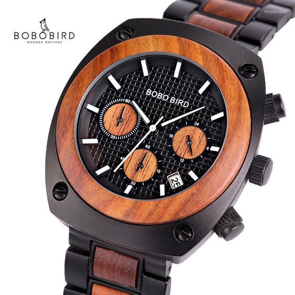 Relojes de pulsera Relojes Hombre BOBO BIRD Reloj de madera Hombres Cronómetro Cronógrafo Mostrar fecha Reloj de pulsera de cuarzo de madera Logotipo personalizado DropshipppingWrist