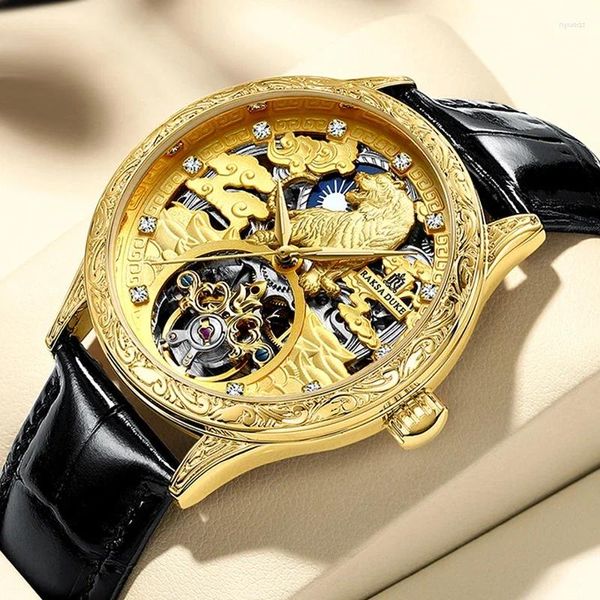 Montre-bracelets rétro 3D Tiger gravé Tiger Diad Men's Mechanical Watch Tourbillon Skeleton Automatic Watches Men Bling Diamond Gold Reloj Hombre