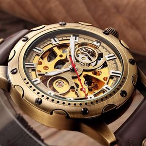 Polshorloges retro bronzen skelet mechanisch horloge mannen automatisch horloges sport luxe topmerk lederen relogio masculino mannelijke clockwr 307e