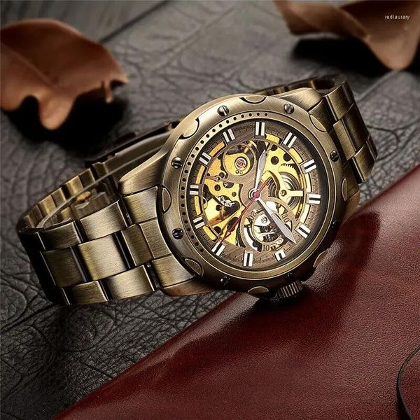 Montre-bracelets Retro Classic Bronze Tone Case Squelette Mens Automatique Self Winding Mechanical Wrist Watch Military Style Nice