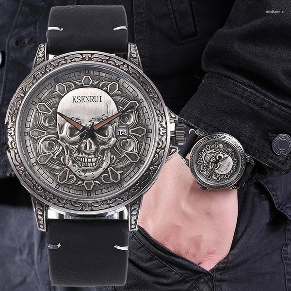 Relojes de pulsera Retro para hombre, reloj de cuarzo, estilo Punk, diseño de esfera de calavera, correa de cuero, fecha automática, esqueleto fresco, regalos para hombre 2023 Kl02