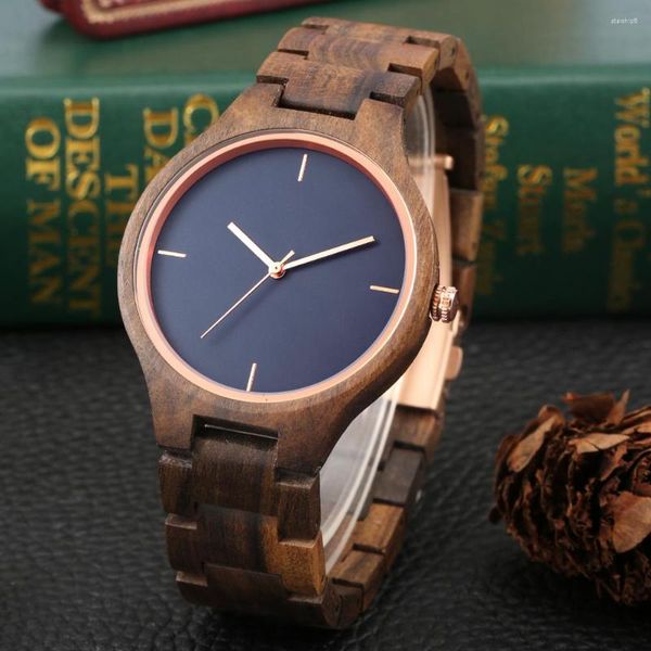 Relojes de pulsera Retro de nogal para Hombre, Relojes de madera completos para Hombre, Simple, sin palabra, esfera azul, reloj de madera, relojes de cuarzo para Hombre