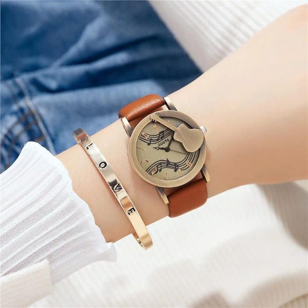 Relojes de pulsera Retro para mujer, diseño de notas de guitarra de bronce, relojes de cuarzo, reloj de pulsera de regalo para mujer de cuero marrón a la moda