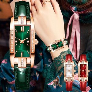 Montres-bracelets rétro femmes montres mode carré dames montre à quartz imitation cuir cadran vert simple luxe femme