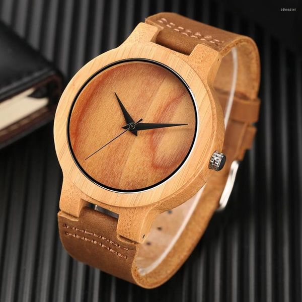 Relojes de pulsera Relojes de madera retro Moda Reloj de pulsera casual simple Bambú de madera natural Hecho a mano Correa de cuero marrón Reloj para hombres Mujeres Regalo