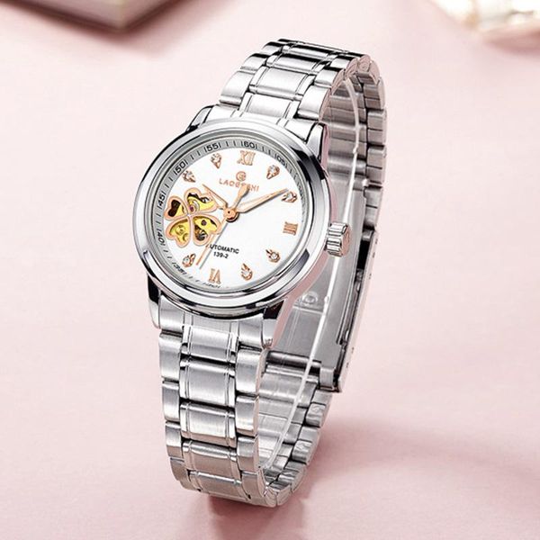Relojes de pulsera con diamantes de imitación para mujer, relojes de moda con esqueleto y diamantes, reloj de pulsera mecánico automático resistente al agua para mujer 2021