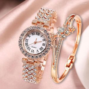 Polshorloges Romeinse schaal Diamant dames armband kijkt stalen riem liefde bloemblad kwarts pols horloge luxe mode voor