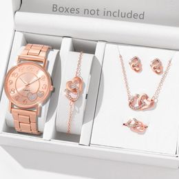 Montre-bracelets Rose Gold 6PCS / Set Femmes Watch Double Love Quartz Wristwatch Band Bright Diamond Jewelry Set Gift For Girls