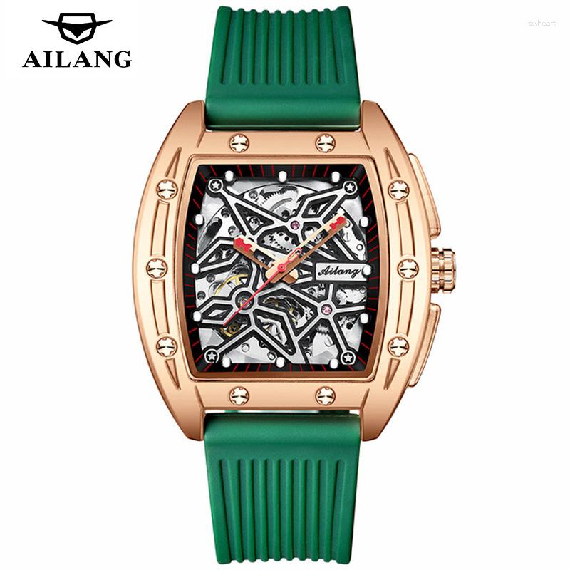 Relojes de pulsera Relojes de negocios mecánicos automáticos de oro rosa Hombres Esqueleto Deportes Reloj militar Hombre Correa de goma verde