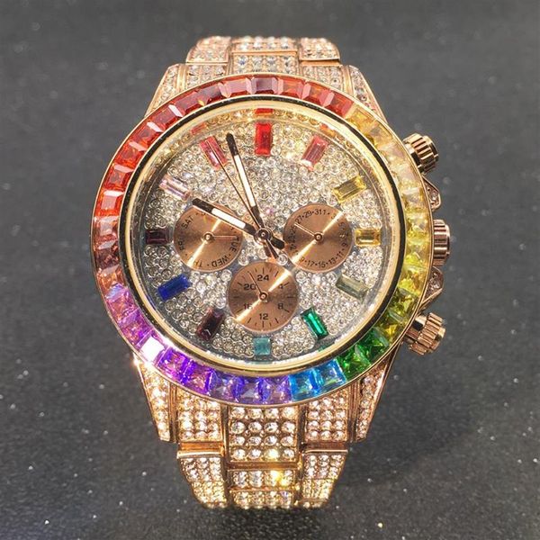 Relojes de pulsera Oro rosa Iced Out Relojes para hombres Tres ojos Rainbow Diamond Watch Hombre Luminoso Redondo Acero inoxidable Hiphop Reloj de pulsera M186I