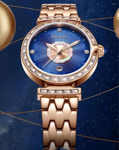 Montres-bracelets Montre mécanique en or rose pour femmes avec calendrier cadran bleu dames élégantes robe montres automatiques boîtier entouré de 36 zircons