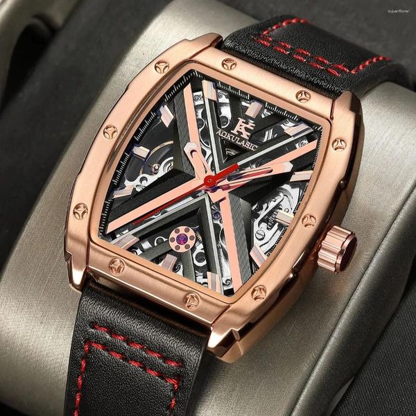 Relojes de pulsera Relojes mecánicos Tonneau de oro rosa para hombres Casual Correa de cuero genuino Moda de lujo Reloj de esqueleto automático Luminoso