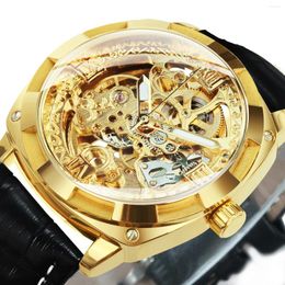 Montres-bracelets Royal Retro Gold Skeleton Montres mécaniques Mouvement gravé Mains lumineuses Carré Automatique Montre pour hommes Bracelet en cuir véritable