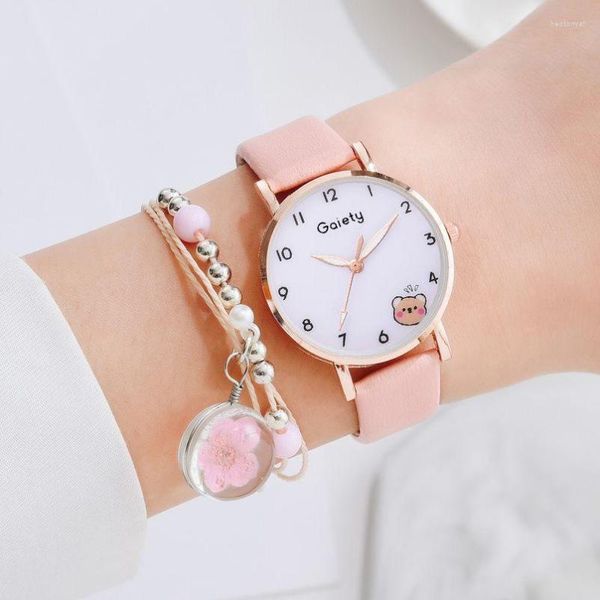 Montres-bracelets S femmes montre Simple ours mignon filles horloge en cuir Quartz étudiants montre-Bracelet Bracelet 2 pièces ensemble dessin animé