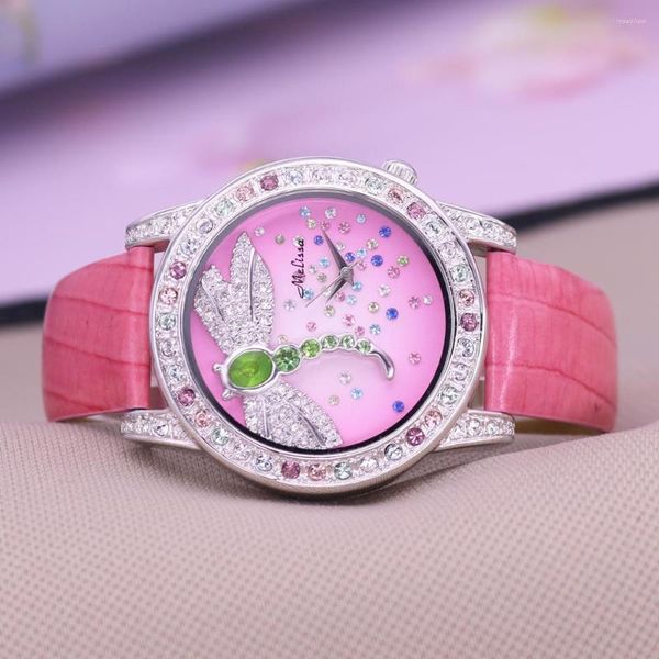 Montres-bracelets vente Melissa montre pour femme strass libellule cristal mode heure Bracelet en cuir véritable horloge cadeau d'anniversaire de fille