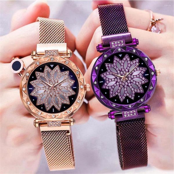 Montres-bracelets vente femmes aimant boucle ciel étoilé fleur montre en peluche dames strass Quartz horloge Relogio Feminino à la mode