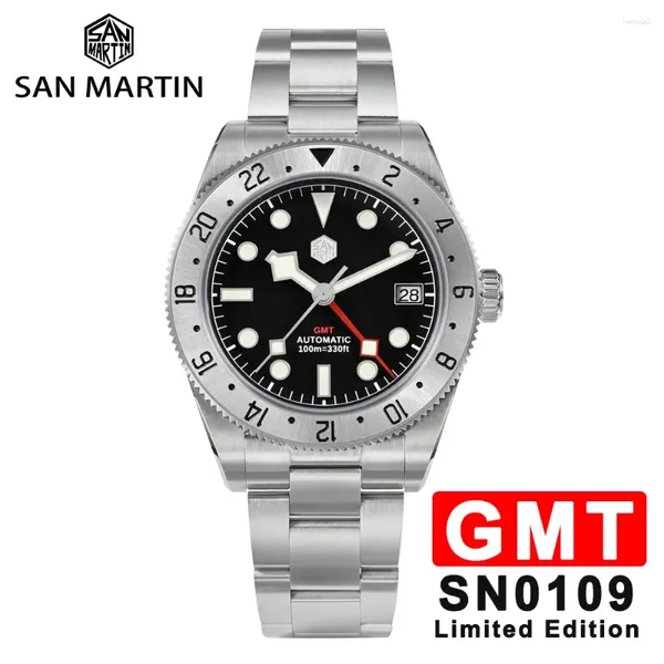 Relojes de pulsera San Martin GMT 39 mm Hombres Reloj de buceo Japón NH34 BB58 Automático Mecánico Impermeable 100 m Reloj de pulsera Bisel bidireccional SN0109G