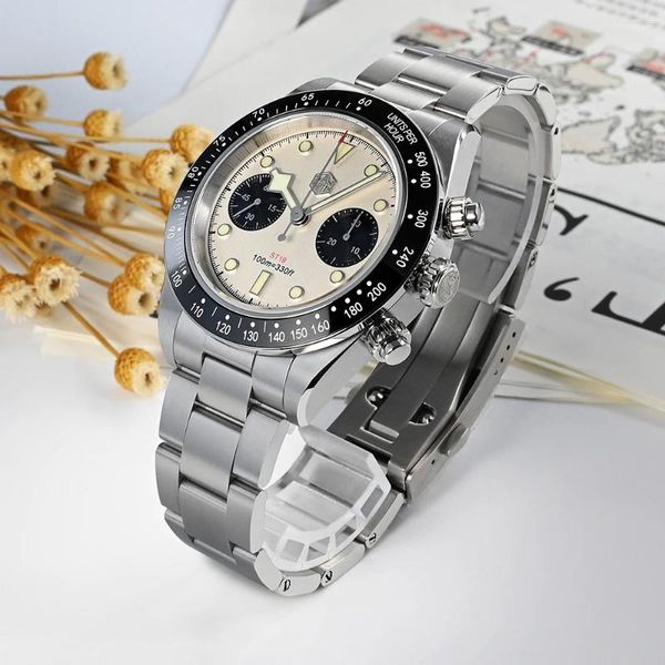 Relojes de pulsera San Martin Men Sports Watch 40mm Panda BB Cronógrafo Retro Luxury Seagull ST1901 Manual Mecánico Zafiro 100M Impermeable
