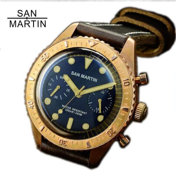 Montres-bracelets San Martin Sixty-Five Bronze Montre de plongée automatique ETA7753 Chronographe 200M Lunette résistante à l'eau Montre-bracelet rétro