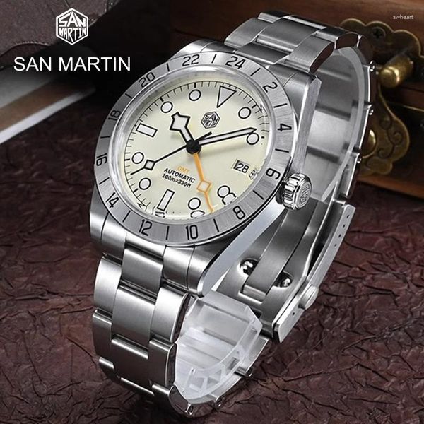 Wallwatches San Martin Top Men Automático Mecánico Sapphire NH34 39 mm BB GMT Relojes de lujo Vestido de negocios Mira para la fecha Windows BGW9