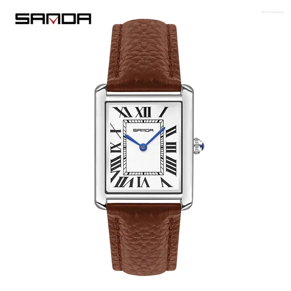 Montres-bracelets Sanda 1108 2024 Couple rectangulaire Montre Silver Case Mode Bracelet en cuir Quartz Horloge Zegarek Damski