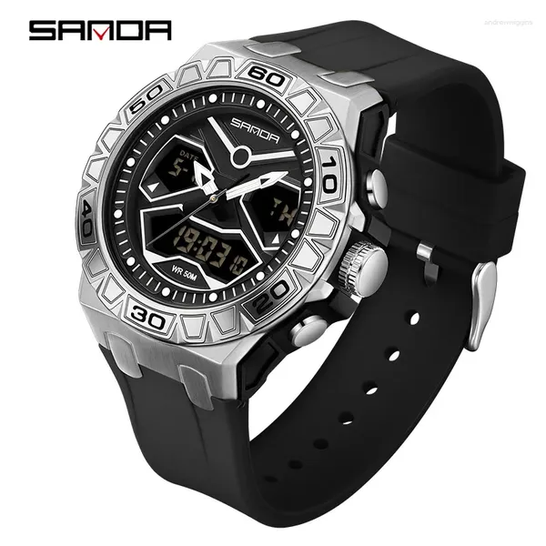 Montre-bracelets Sanda 3198 hommes Regardez Creative Unique Outdoors Chronograph Chronograph Silicone Strap Electronic Quartz Double Display Watches masculin