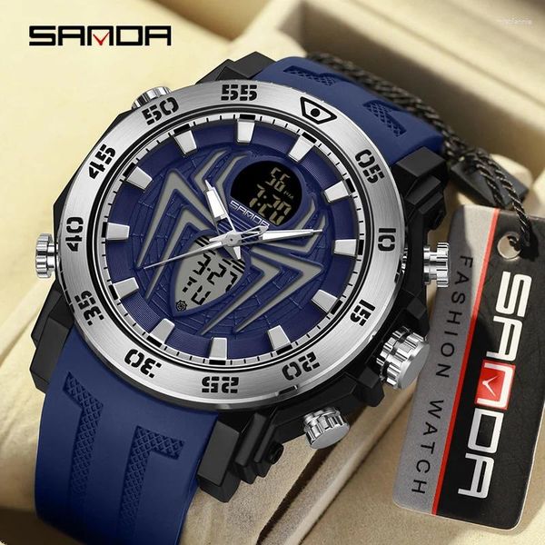 Relojes de pulsera Sanda Hombres Relojes militares Big Spider Dial Reloj deportivo LED Digital Impermeable Multifunción Reloj de pantalla dual Relogio