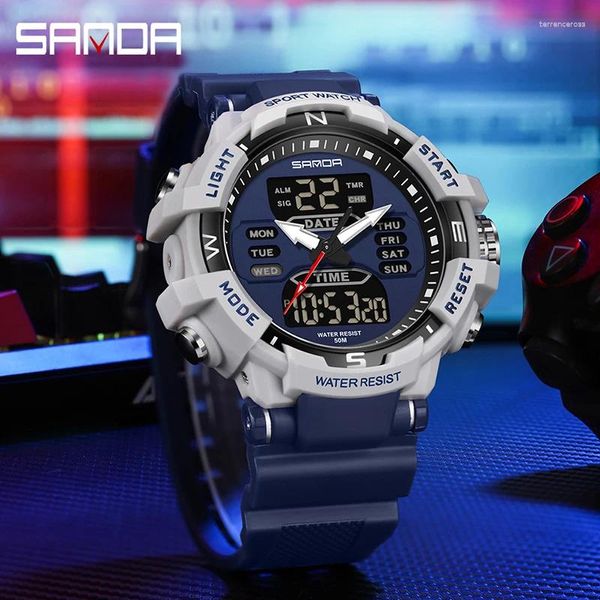 Montre-bracelets Sanda Watch Men's Double Display Quartz Fashion Sports Male Watch 50m Immasproof LED Digital Electron Chronograph Wristwatch