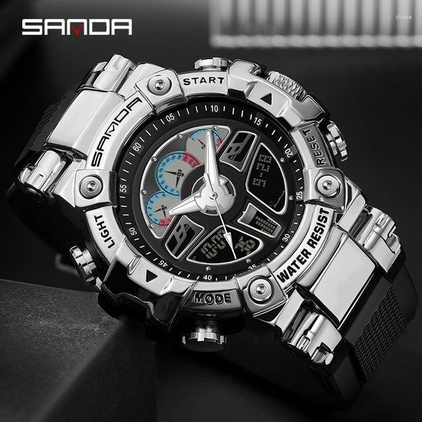 Relojes de pulsera SANDA, relojes deportivos para hombre, reloj de cuenta regresiva resistente al agua de 50M, LED militar, lámpara de elevación manual Digital automática, pantalla Dual