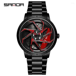 Relojes de pulsera Sanda P1088 Reloj para hombres Banda de acero inoxidable Movimiento de cuarzo premium Llanta de automóvil Rueda en forma de esfera giratoria Relogio Masculino