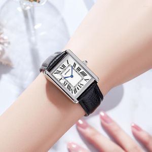 Polshorloges sanda rechthoekige horloges voor dames zilveren kast black band lederen kwarts pols horloge elegante mode dames 208c