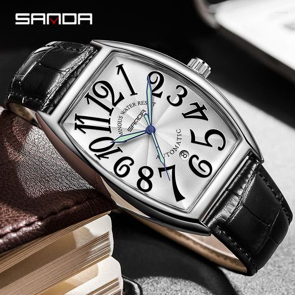 Relojes de pulsera Sanda Top Brand Relojes para hombres Moda Reloj de pulsera mecánico automático para hombres Correa de cuero impermeable Puntero luminoso