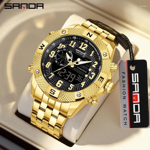 Montre-bracelets Sanda Top Luxury LED Digital Sport Watches for Men Strong Luminal Dual Display étanche Quartz en acier en acier STRAP