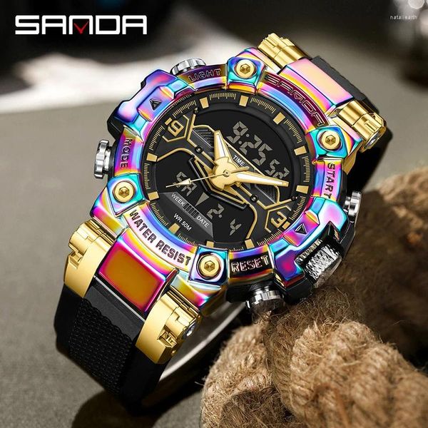 Montre-bracelets Sanda Top Luxury Sports Watches Mens 5bar Imperproof 2 Time Digital Dual Display Quartz Clock Reloj Hombre