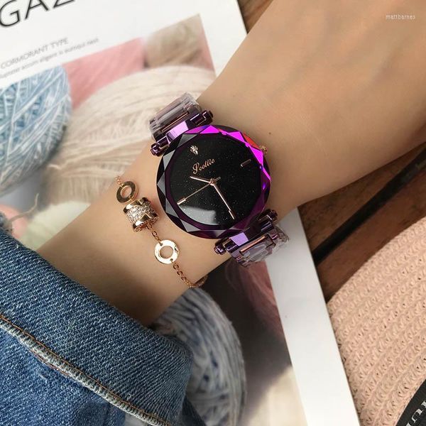 Relojes de pulsera Marca Scottie Moda Mujer Pulsera de acero inoxidable Vestido Reloj de cuarzo Starry Purple Relogio Feminino