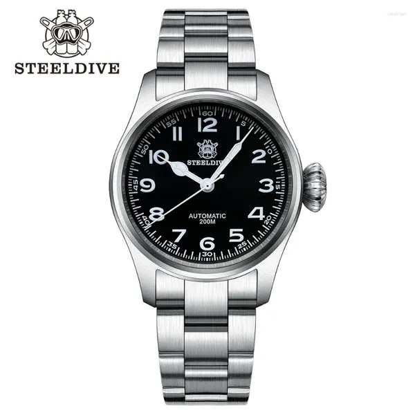 Montre-bracelets SD1928M Brand Steeldive 39 mm en verre saphir cadran noir Band en acier inoxydable 200m Imperpose NH35 Automatic Dive Watch for Men