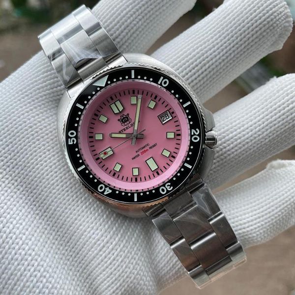 Relojes de pulsera SD1970B esfera rosa C3 verde luminoso 44MM NH35 automático negro bisel de cerámica STEELDIVE marca 200M relojes de buceo impermeables para