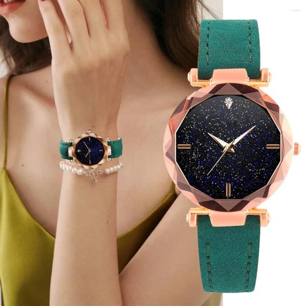 Relojes de pulsera Sdotter 2023 Relojes de pulsera para mujer Starry Sky Elegante Crystal Dial PU Cinturón de cuero Reloj verde Reloj femenino Montre Fe
