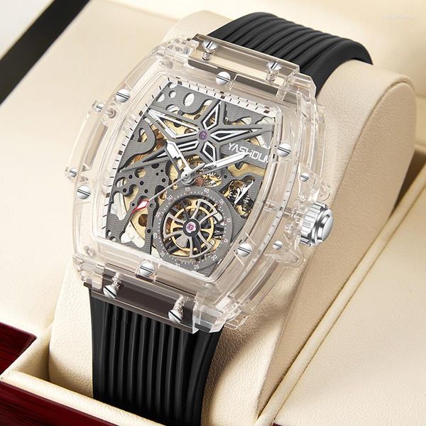 Montres-bracelets Sdotter automatique mécanique montre pour hommes de luxe haut marque Hip Hop hommes montres boîtier transparent mâle Tonneau horloge Relogio