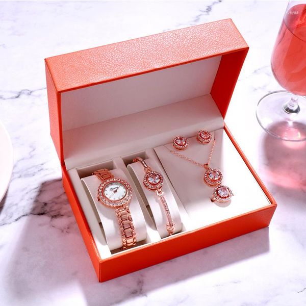 Montres-bracelets Sdotter Fashion Trend Femmes Watch Set 5pcs / Set Collier Bracelet Bague Boucles d'oreilles Dames Cristal Diamant Quartz Montres-bracelets Ensembles