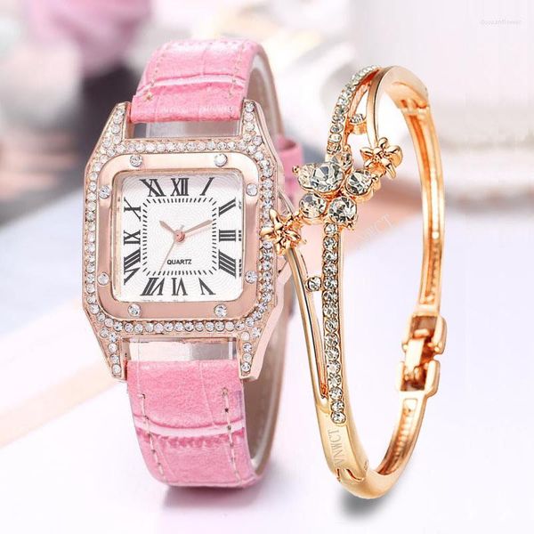 Muñecos de pulsera Godas Sdotter Women Diamond Watch Petal Petal Petal Juego de cuero Band de cuero Reloj de pulsera Femenina Zegarek