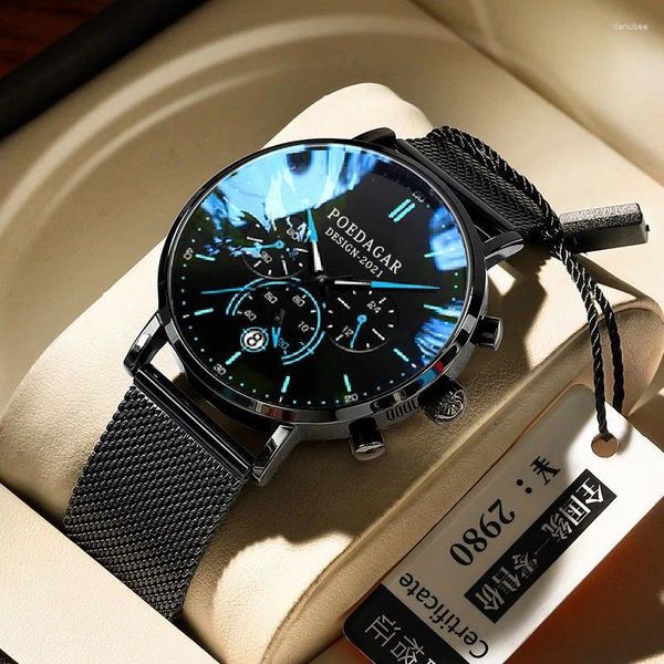 Relojes de pulsera Sdotter Poedagar Ultra Thin Mesh Belt Relojes para hombre Cronógrafo deportivo Reloj luminoso a prueba de agua para hombres Top Luxury Quartz