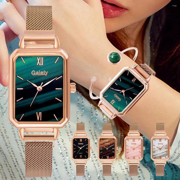 Montres-bracelets Sdotter Rectangle Femmes Montre 2 PCS Ensemble Bracelet Rose Gold Dames Mesh Magnétique Luxe Simple Acier Femme Montres