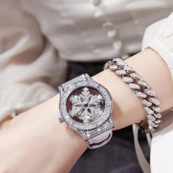 Relojes de pulsera Sdotter UTHAI BK120 Copo de nieve giratorio ahuecado hacia fuera Diamante completo Reloj para mujer Luz de lujo Suerte Cielo Estrella Cuarzo impermeable